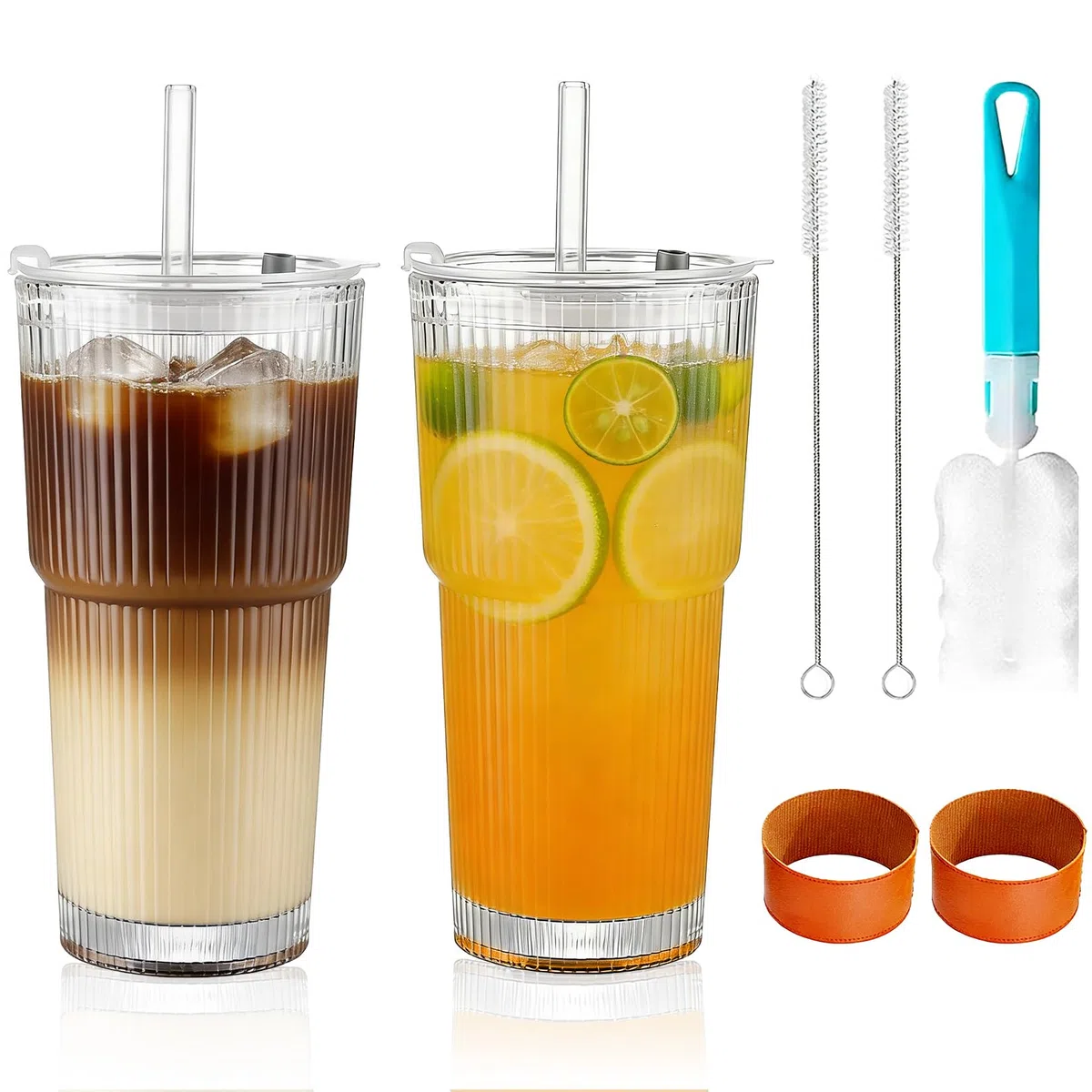 2 vasos de cristal acanalados con tapa, 600 ml