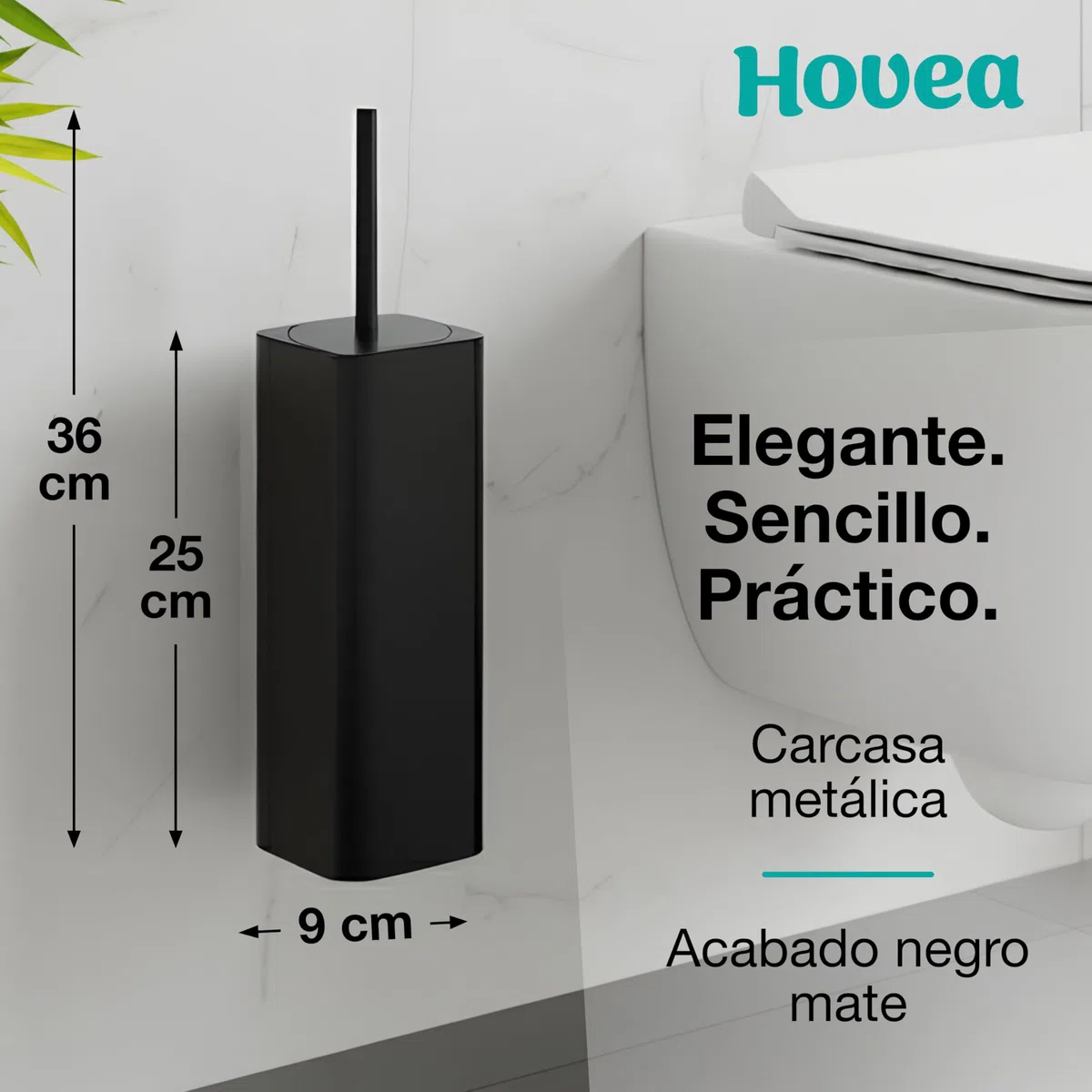 Escobilla WC de Pared - Escobilla Silicona y Soporte Metálico - Sin Taladro - Fijación Mural con Adhesivo o Tornillos - Cepillo de Baño - Negro Mate - WC3680