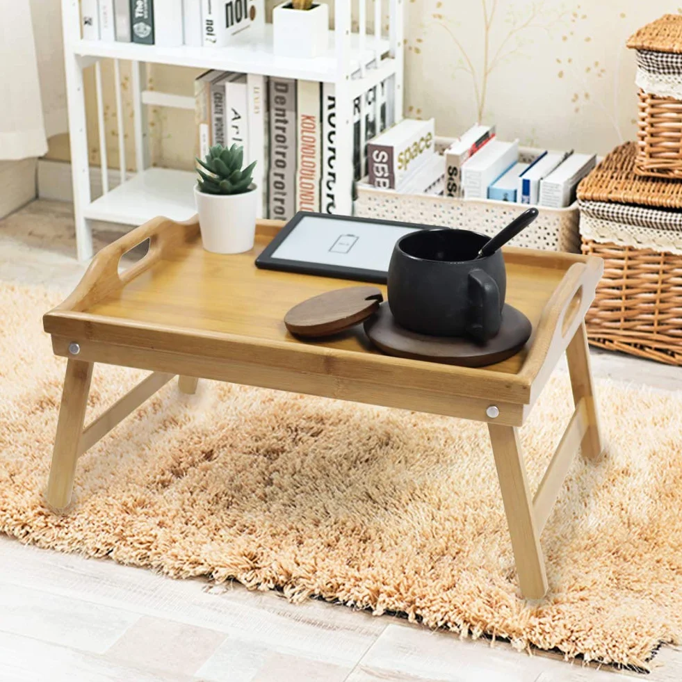 KKTONER Bandeja Portátil con Patas Plegables para Cama y Desayuno, Hecha de Bambú Natural
