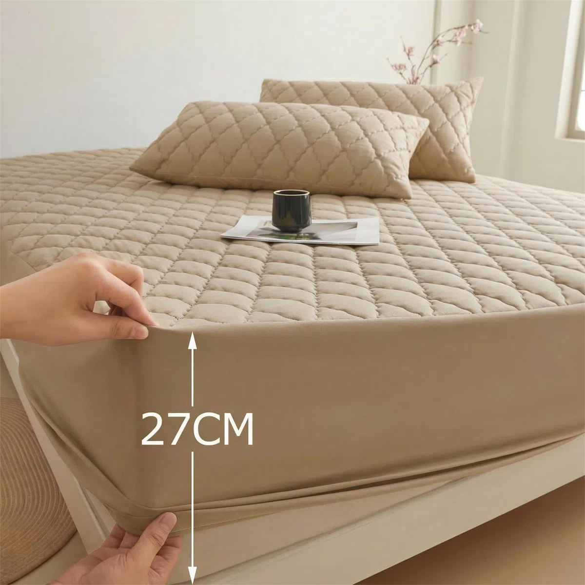 Protector Colchon 150x200 cm - Impermeable & Acolchado Funda Colchon para Cama 150cm, Colchones de hasta 27 cm, 100% Poliéster + PU, Khaki