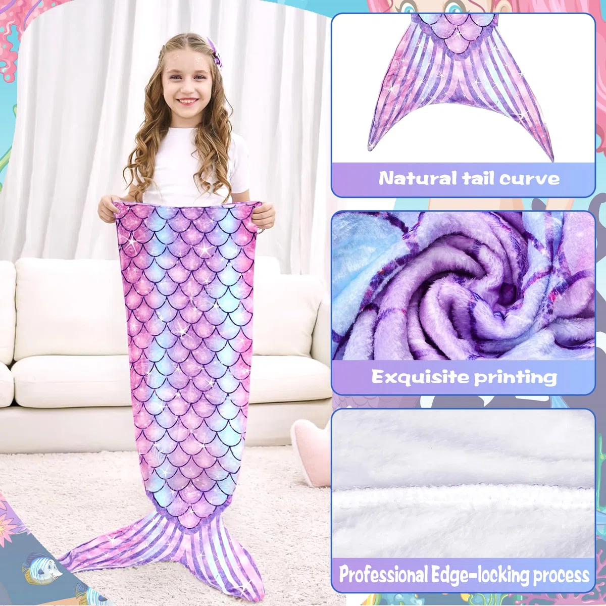Manta de Cola de Sirena, 140x60cm Manta Cola de Sirena, Franela Manta Sirena con Pulsera de Lentejuelas, Saco de Dormir de Sirena