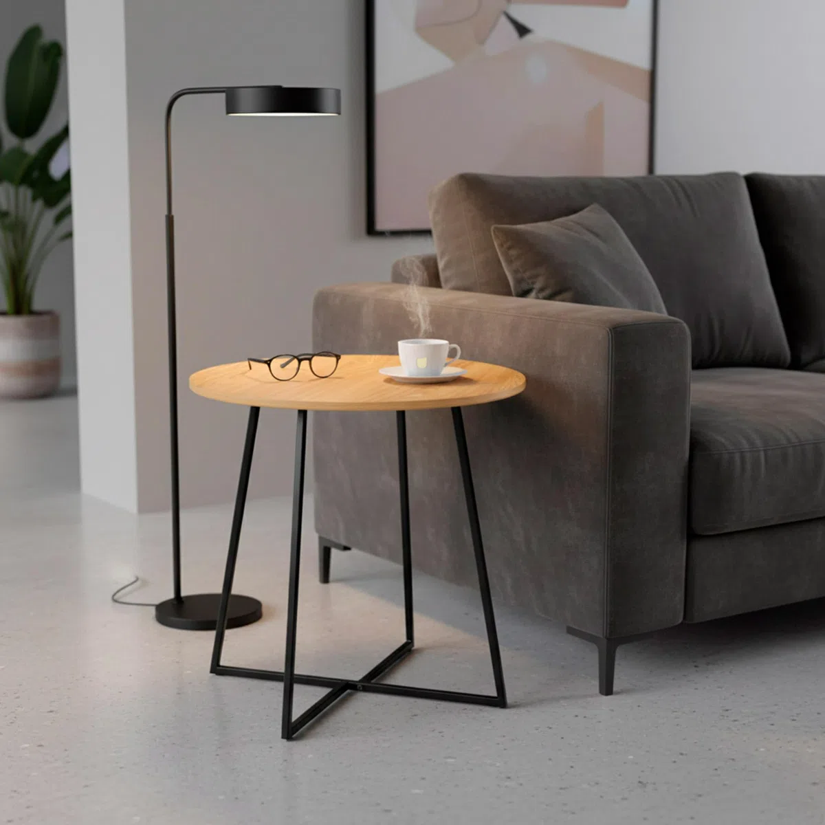AKTIVE MAX Home Mesa Auxiliar de Madera, 40x40 cm, Peso máximo soportado 5 kg, Efecto Roble, Estructura metálica Negra, Patas en Cruz, Decoración salón, Comedor, Cocina (18505)