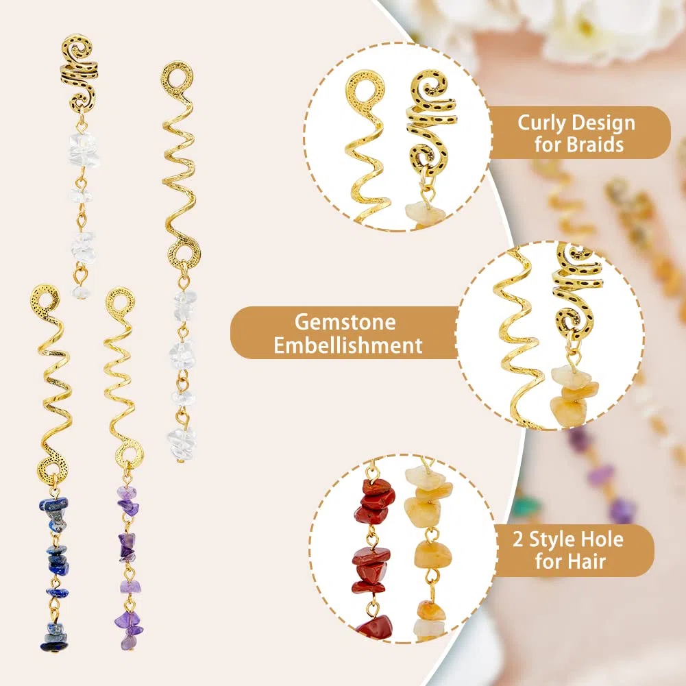 SUPERFINDINGS 14pcs 7 Colores Trenzas Joyas para el Cabello con Piedras Naturales Colgante Cristal Espiral Loc Joyería Cristal Dreadlock Accesorios Encantos para el Cabello para Trenzas