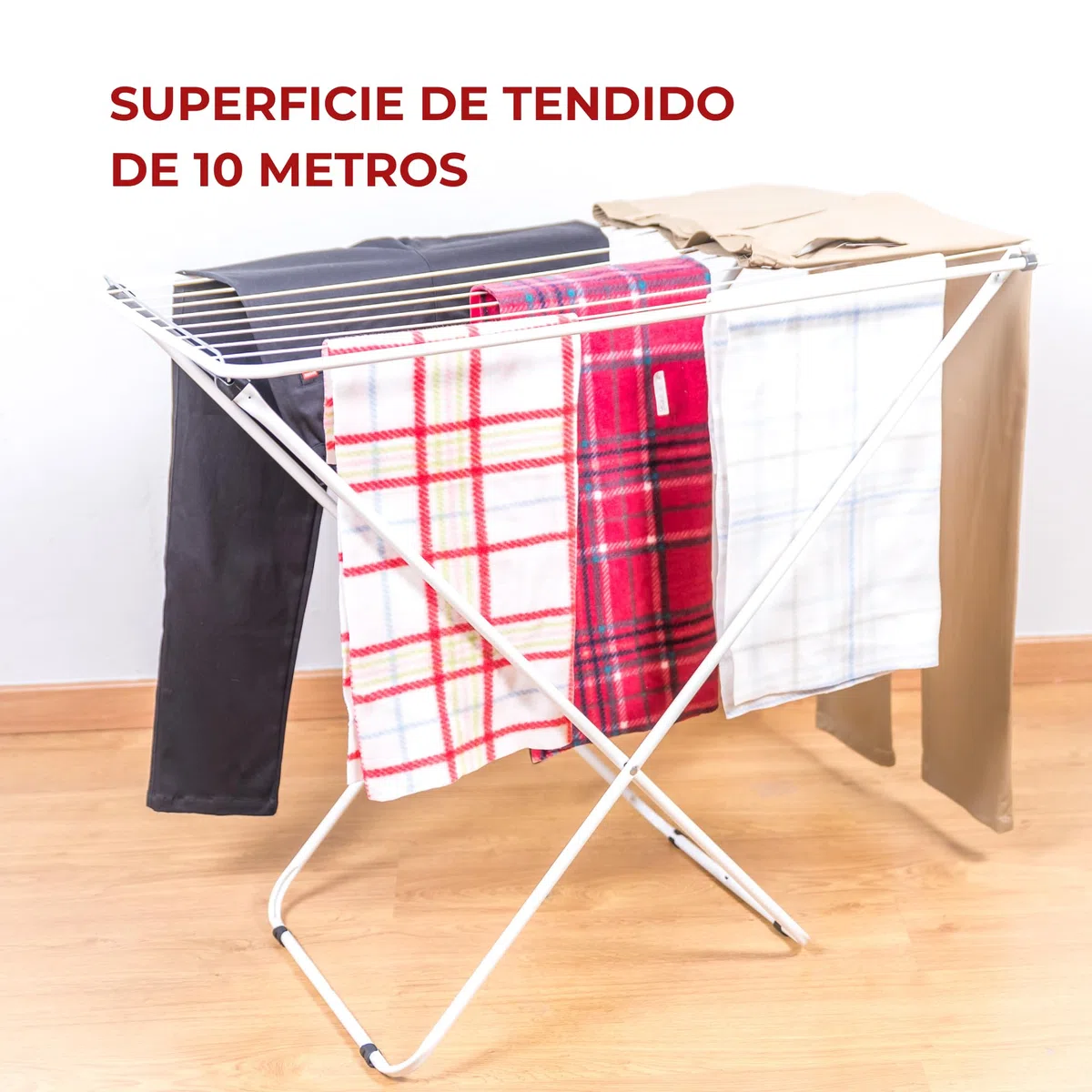 Tendedero de Ropa Plegable Sin Alas de Acero Blanco con Superficie de Secado 10m - Ligero y Compacto con Patas Antideslizantes con Fácil Plegado para Pequeños Espacios - Fabricado en Europa