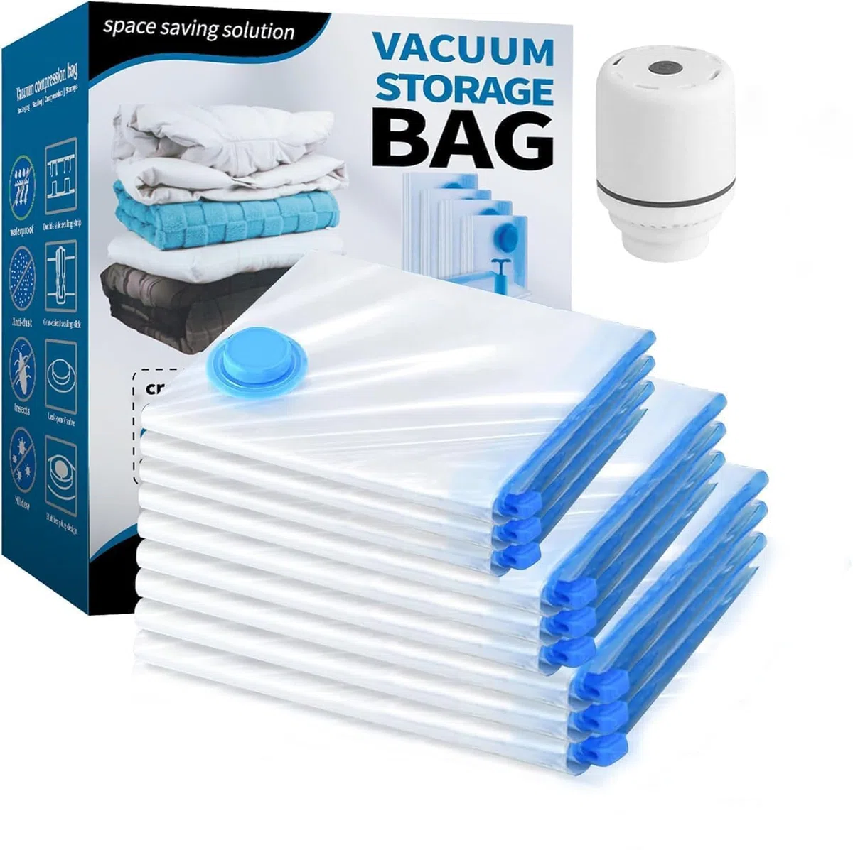 Bolsa Vacio Ropa Con Bomba Eléctrica, 9 Bolsas Para Guardar Ropa (3 Extragrandes, 3 Medianas, 3 PequeñAs), Reutilizables Bolsas al Vacío Para Guardar Ropa, Ropa de Cama, Edredones