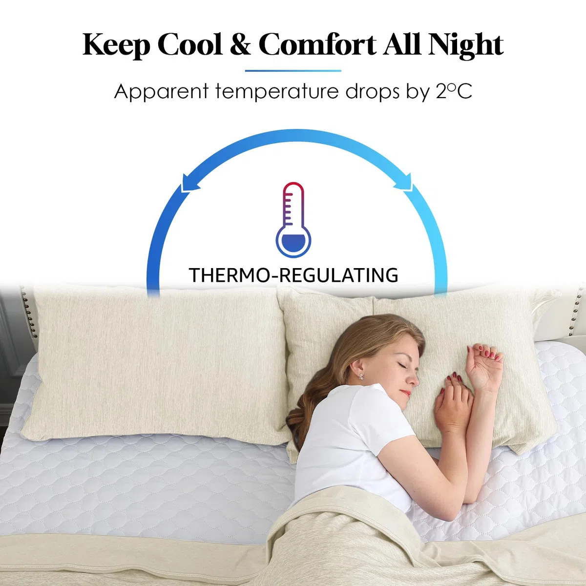 Funda de Almohada Reversible Refrescante con Cremallera, Q-MAX 0,45 Protección Almohada Sudores Nocturnos y Sofocos, Pack de 2, Beige, 50x90cm