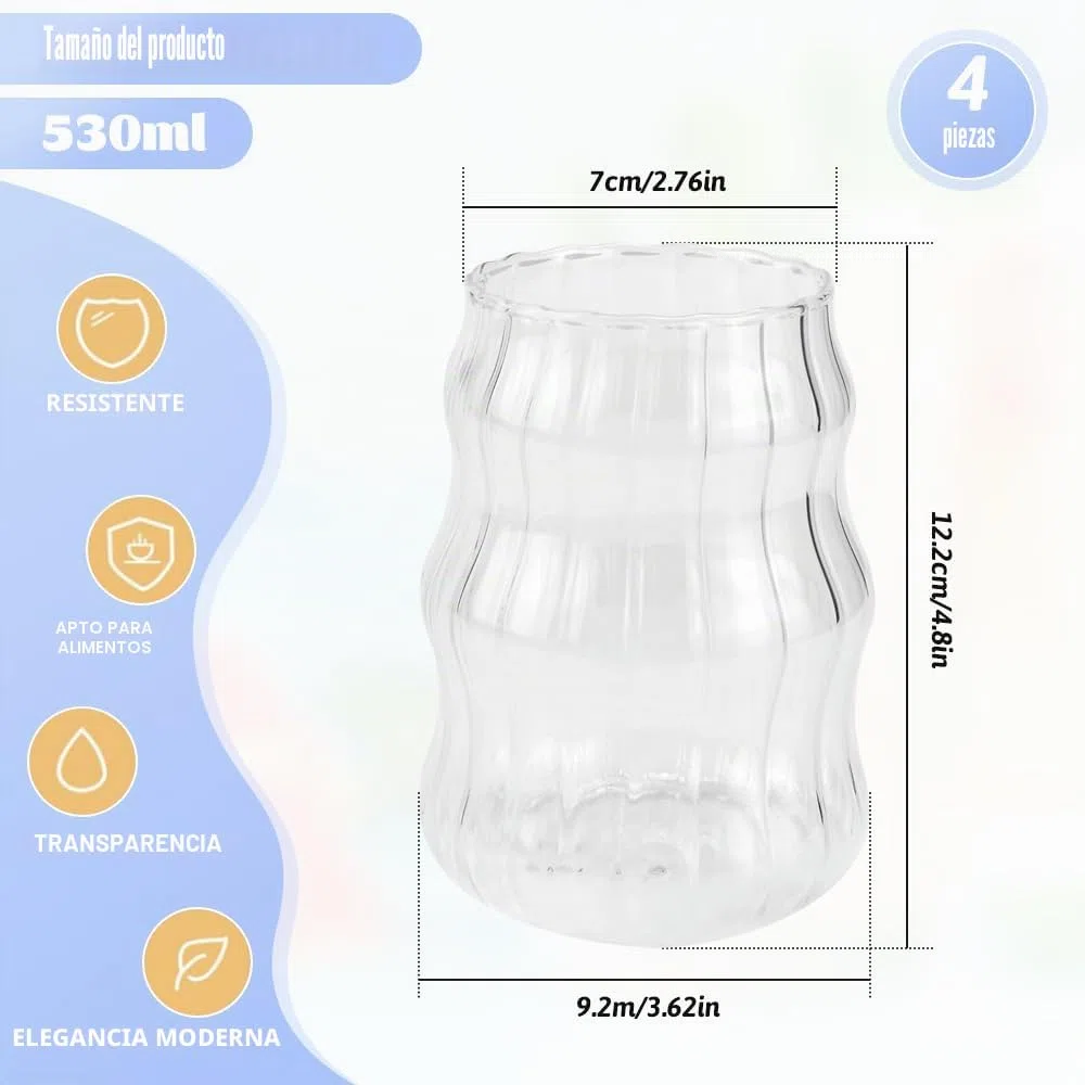 Kleemeiero 4 PCS Vasos de Vidrio para Café 530ML Vasos de Cristal con Forma de Ondulada, Tazas para Batidos, Vasos de Cóctel, Cerveza, Whisky, Latte, Macchiato, Hacer Bebidas y Fiesta Verano
