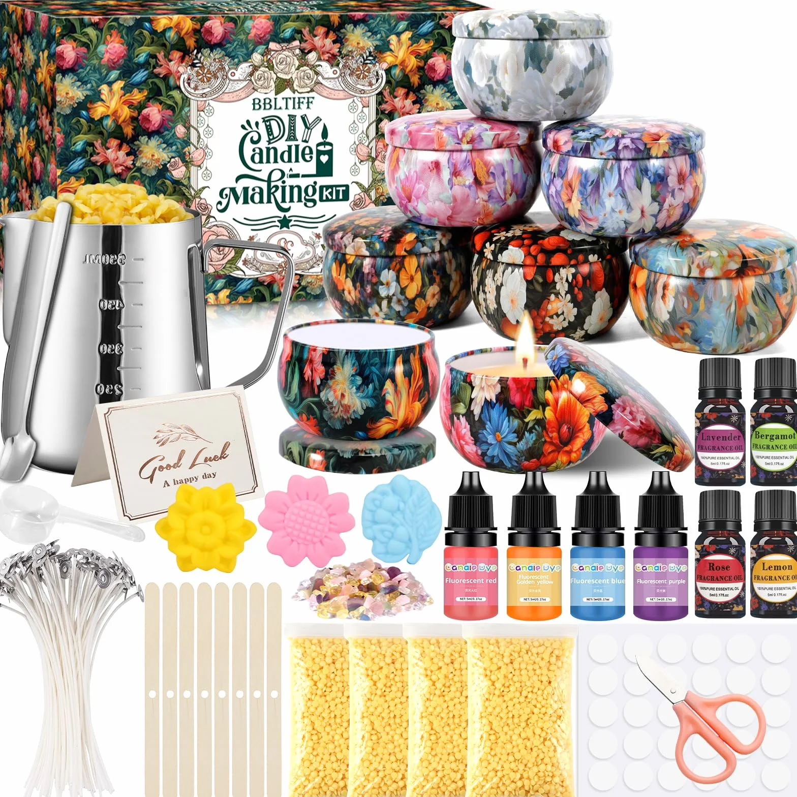 BBLTIFF Kit para Hacer Velas, Kit de Fabricación para Velas, Kit Velas Aromaticas Fabricacion, Incluye 480g Cera de Abejas, 8 Latas de Velas, 4 Colores, 4 Aromas, 30 Mechas ¡y Mucho Más