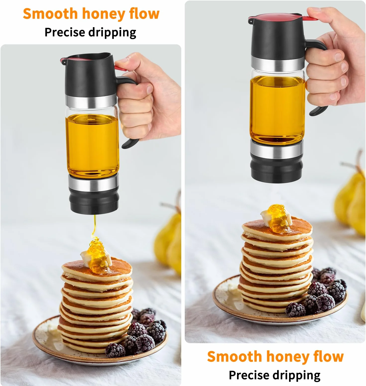 Tarro de miel antigoteo con mango, dispensador de cristal a prueba de goteo, soporte para dispensador de jarabe de vidrio para café o té, ideal