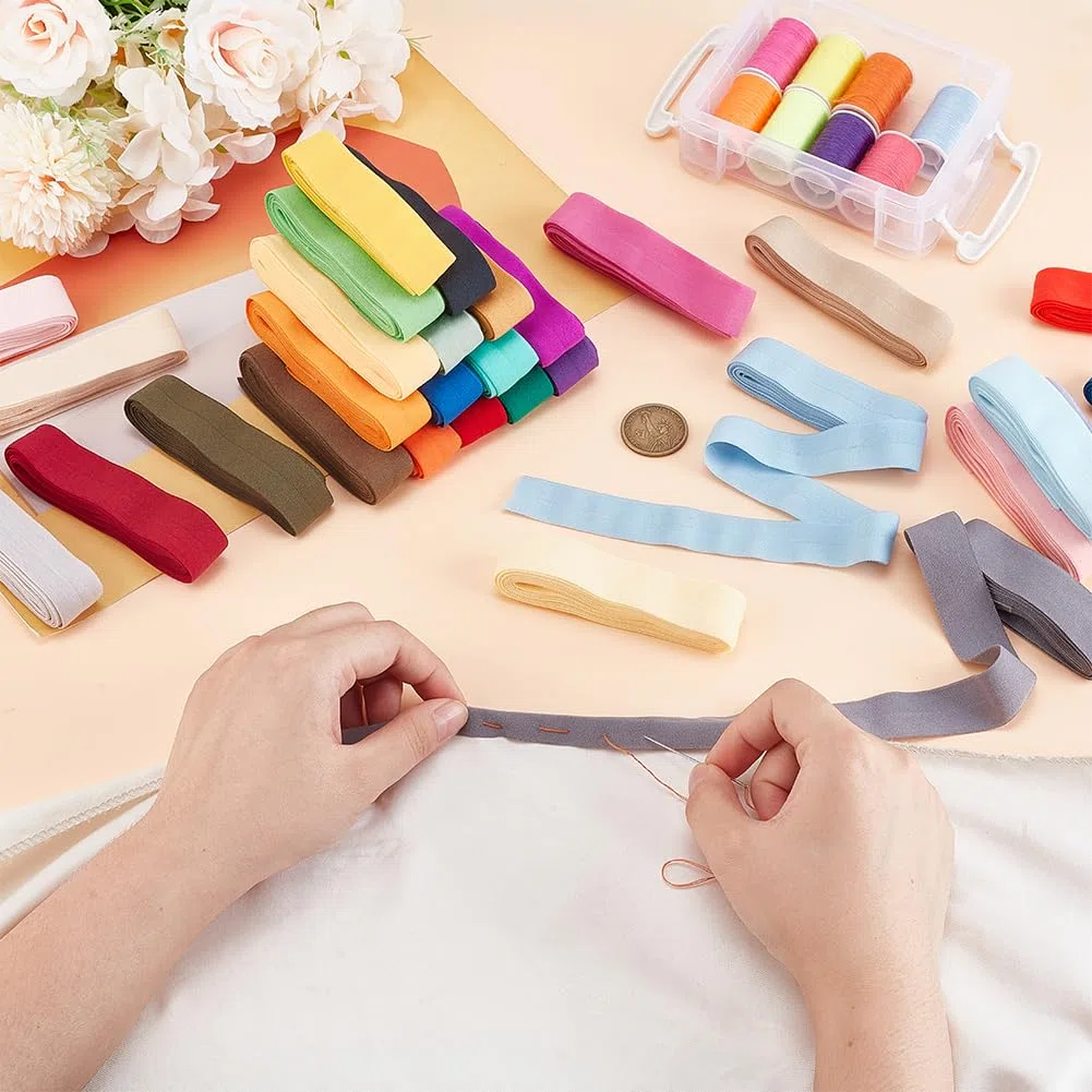 PH PandaHall Cinta elástica al bies de 30 colores, cinta de encuadernación al bies de un solo pliegue de 20 mm, tela de costura elástica, accesorios de ropa para costura, acolchado, dobladillo
