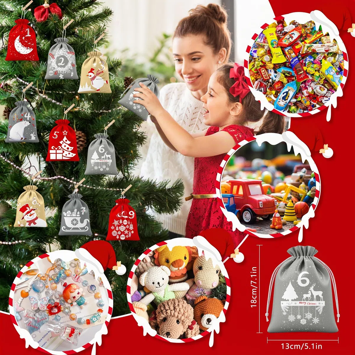 BoriYa Calendario Adviento para Rellenar - Terciopelo Bolsas Calendarios Adviento Vacio, DIY Calendario de Adviento Rellenable, Niños Bolsitas Calendario de Navidad para Rellenar 2025