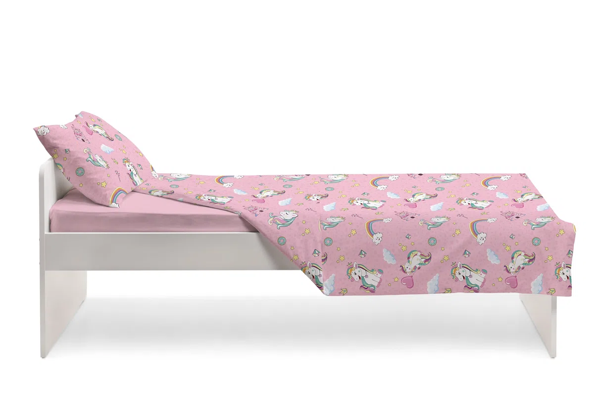 hermet Jolly - Juego de sábanas para Cama Individual con diseño de Unicornio, 100% algodón, sábana encimera + sábana Bajera + Funda de Almohada, Color Rosa