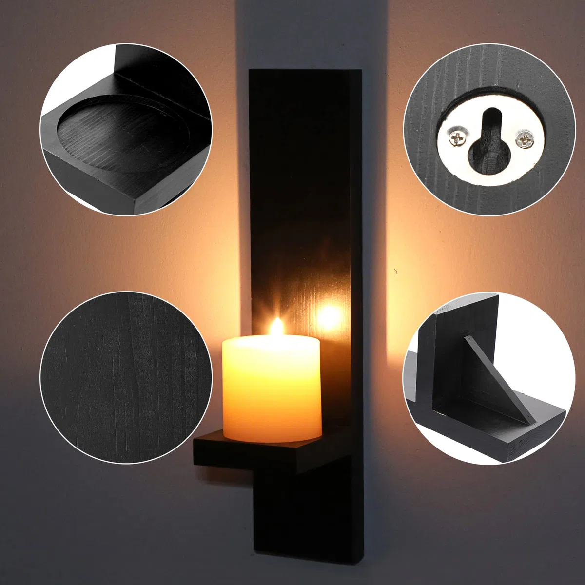 BSTKEY Juego de 2 candelabros de pared de madera, portavelas decorativo, soporte para velas montado en la pared, candelabro votivo negro