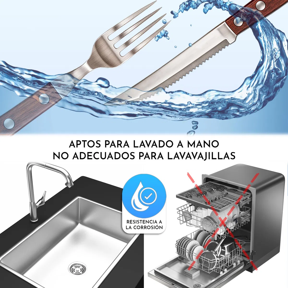 Cubiertos carne acero inoxidable madera 24 piezas con cuchillos carne 12 piezas y 12 piezas de tenedores de carne