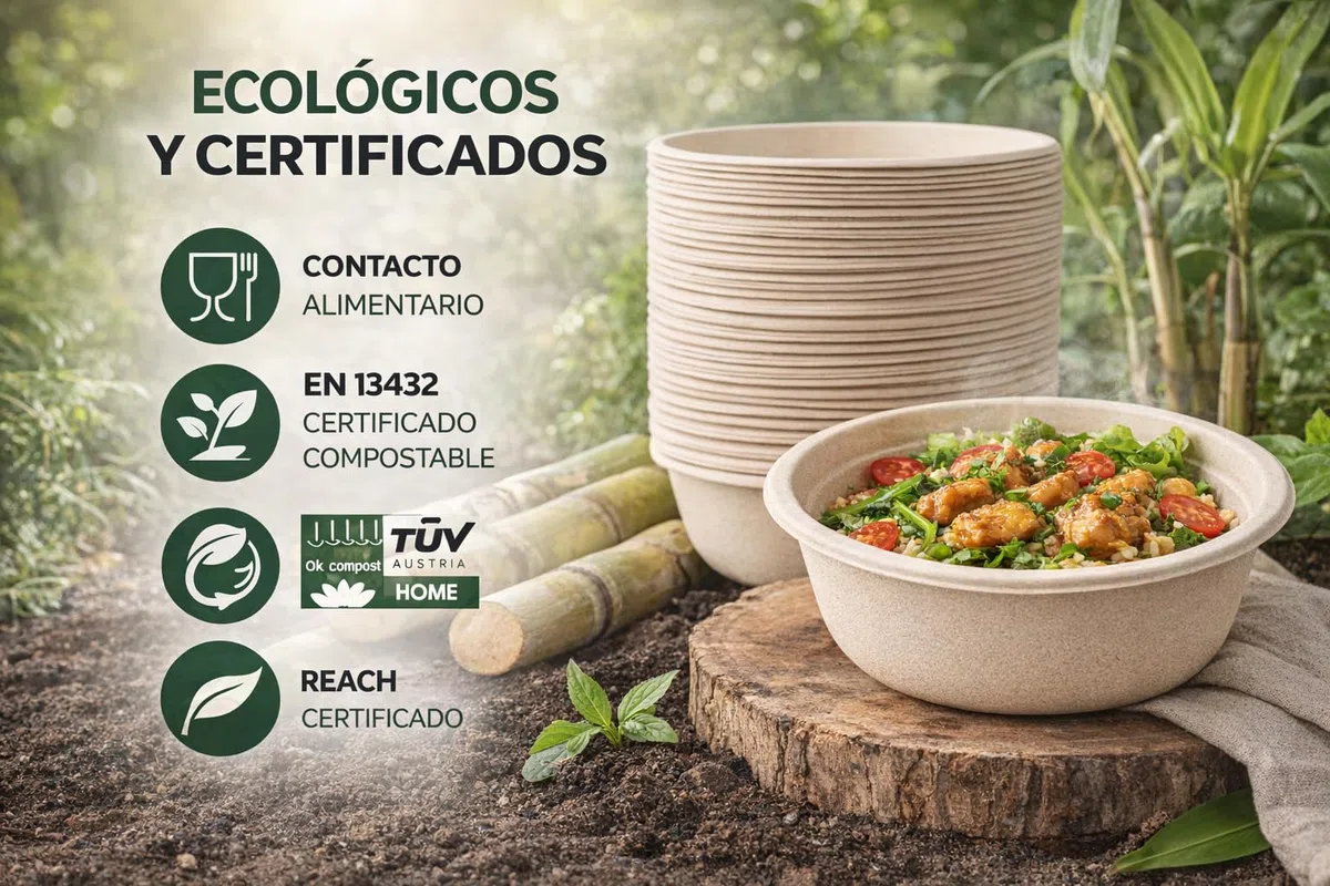 Bol Desechable Bagazo de Caña de Azúcar – Apto Microondas – Biodegradable y Compostable – Antigoteo – Para Caliente y Frío – Kraft Natural o Blanco – 350 ml / 500 ml / 900 ml (50, BLANCO, 500 ml.)