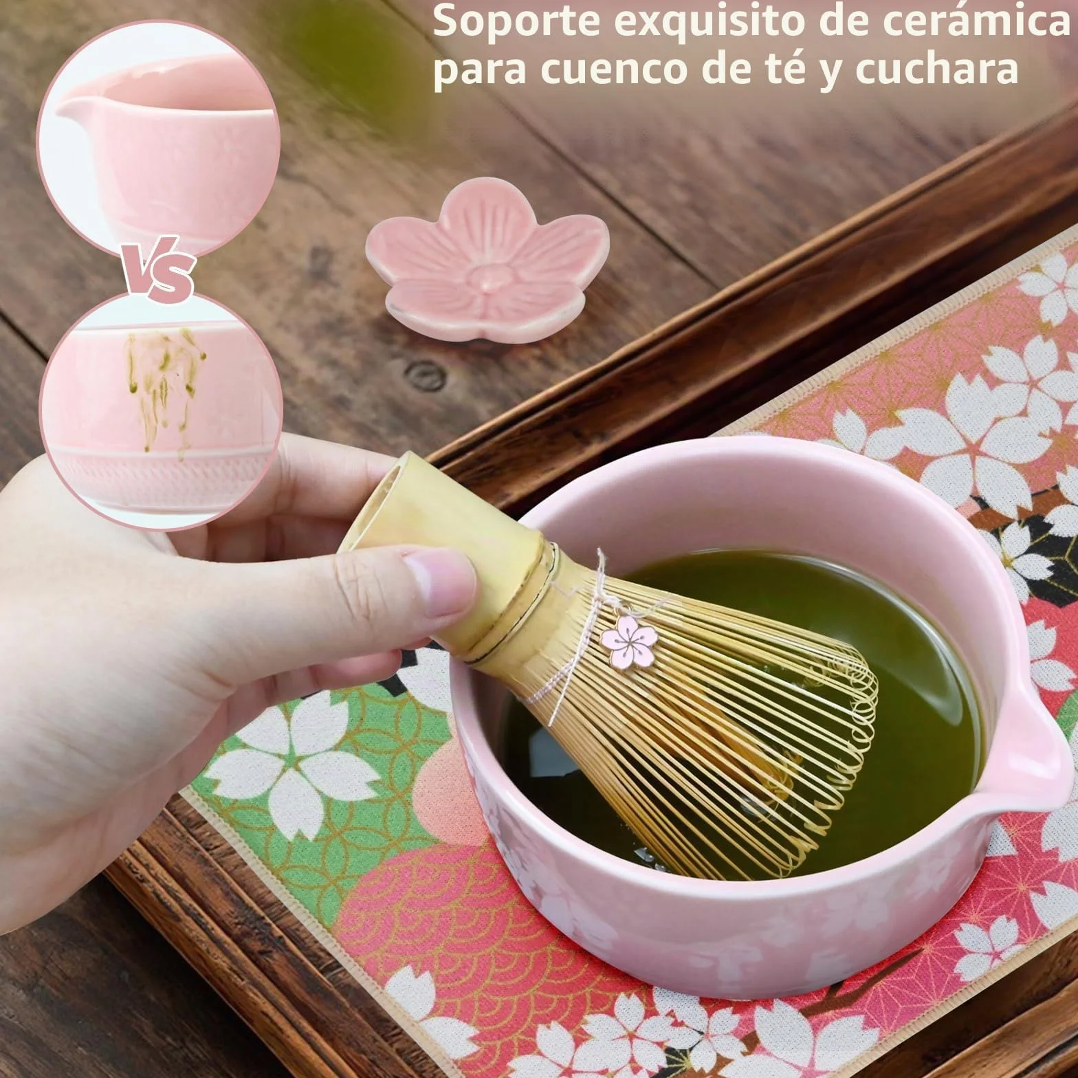 Matcha Kit - 8 piezas Te Matcha Kit Batidora de Matcha de Bambú, Cuenco de Matcha, Cuchara, Colador, Portacucharas, Soporte para la Batidora, para el Hogar, la Oficina y los Salones（Rosa）