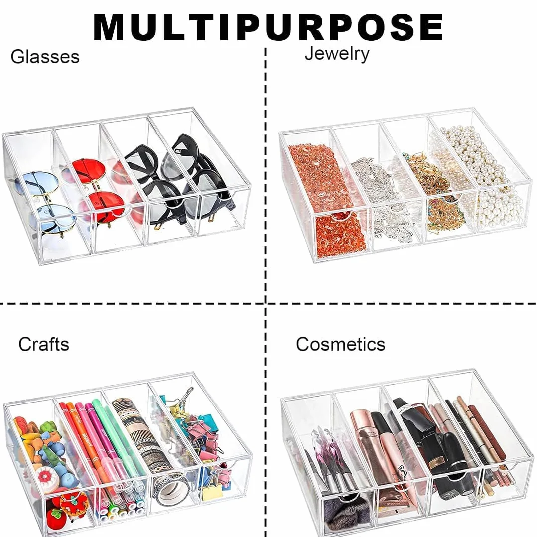 Almacenamiento de gafas de sol acrílicas - Organizador de gafas con 4 cajones para gafas múltiples, joyas, relojes - Almacenamiento de gafas de sol transparente, paquete de 2 Organizador de