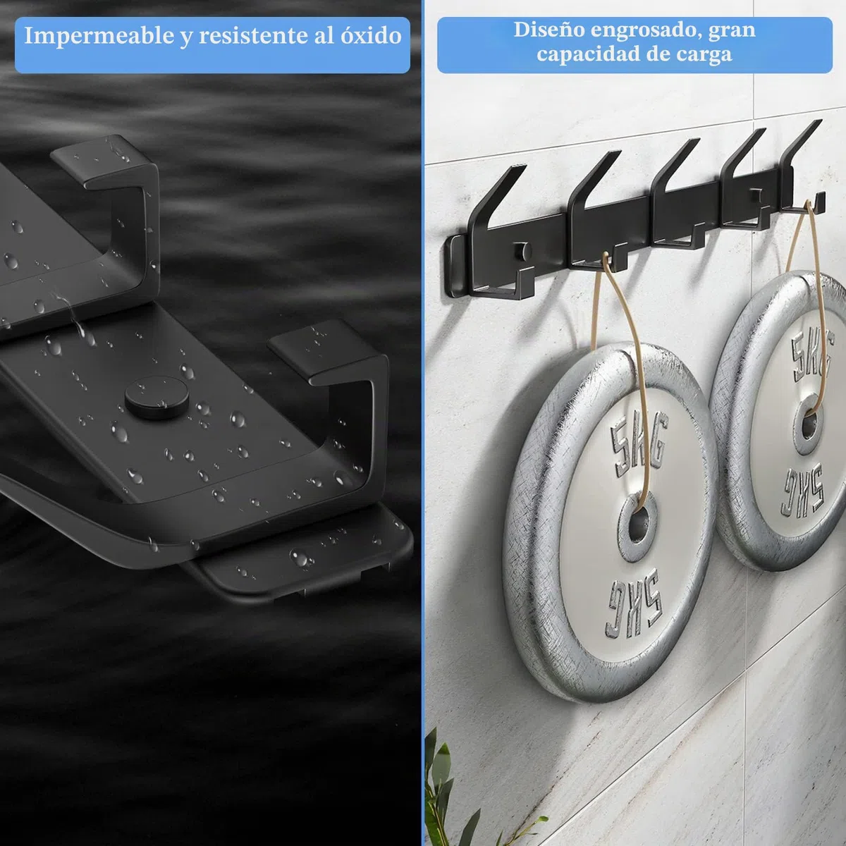 Percheros Pared 2 Piezas, Colgador Pared Inoxidable con 5 Ganchos, Ganchos de Perchero Coat Hooks para Cocina, Baño y Dormitorio, Negro