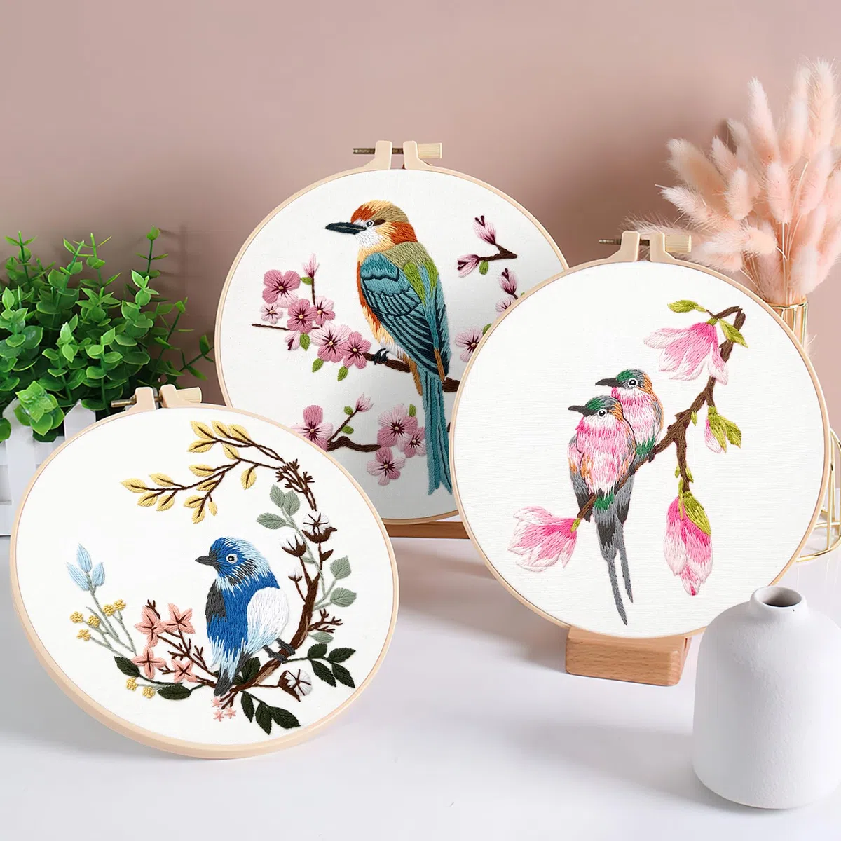 JSRQT 3 Piezas Bordado de Mano Kit Bordado Pájaros Flores Cross Stitch a Mano Patrones para Bordar para Principiantes Adultos Embroidery Kit Bordado Starter Kit Punto de Cruz Kit Completo Manualidades