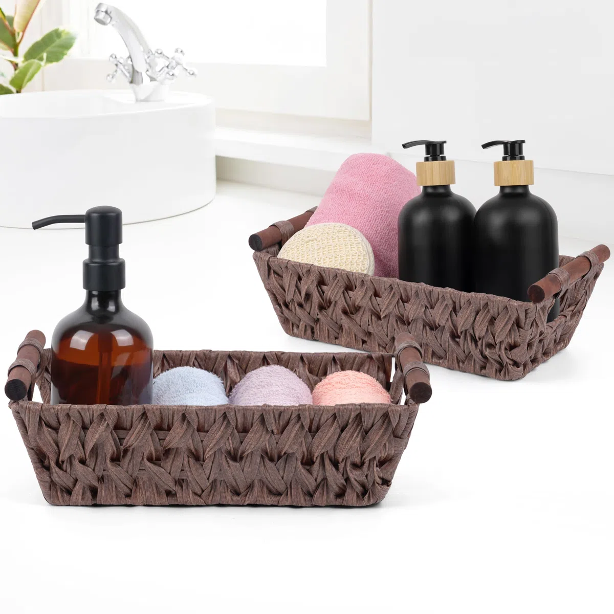 Winter Shore Cesta Mimbre Marrón (Pack de 2) - Cestas Multiusos con Asas para Ordenar - Organizador Baño - Cestas de Almacenaje para Estanterías - Cesta Pequeña de Ratán Decoración