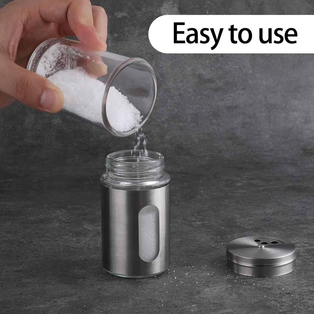 Juego de 2 saleros y pimenteros con agujeros de vertido ajustables con tapa de acero inoxidable, dispensador de especias de acero inoxidable, ideal para Himalaya rosa, sal de mesa, pimienta negra y