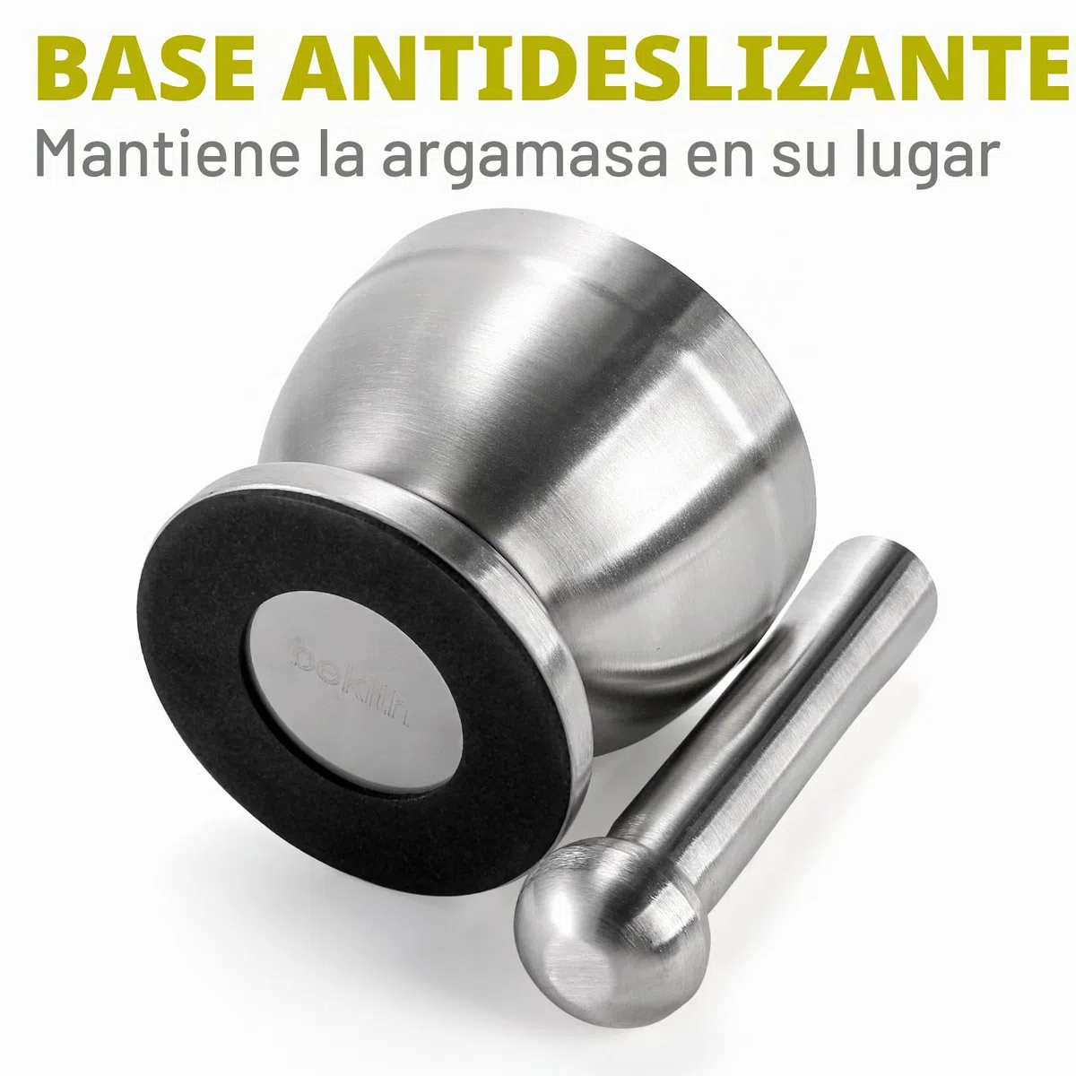 Bekith Juego de mortero y mortero de acero inoxidable cepillado 18/8 molinillo de especias triturador de píldoras Molcajete tazón de hierbas