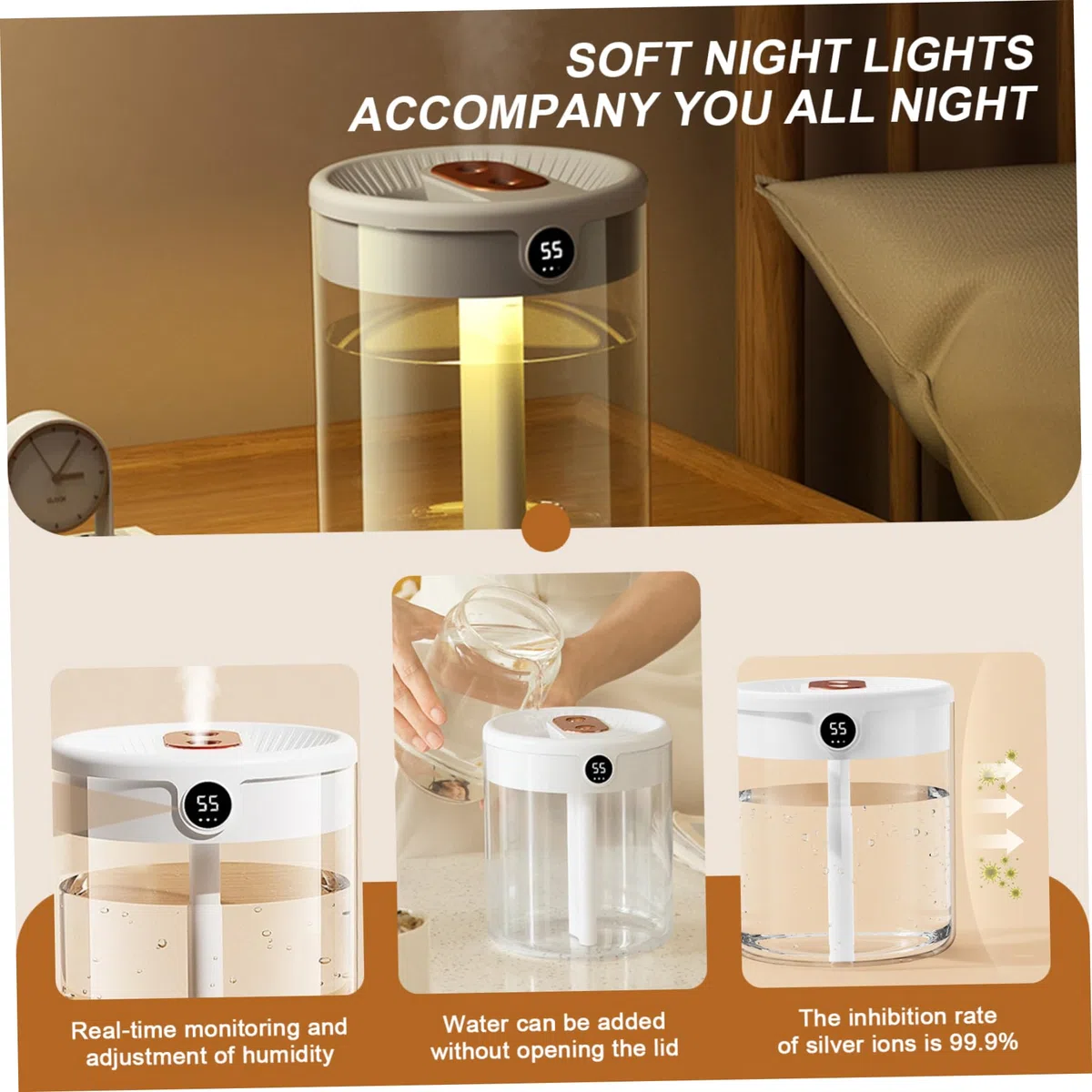 2L Humidificador de aire de niebla fría con exhibición de humedad, 3 modos, pulverización dual y luz, difusor silencioso para dormitorio, vivero para bebés, oficina, automóviles y plantas de int