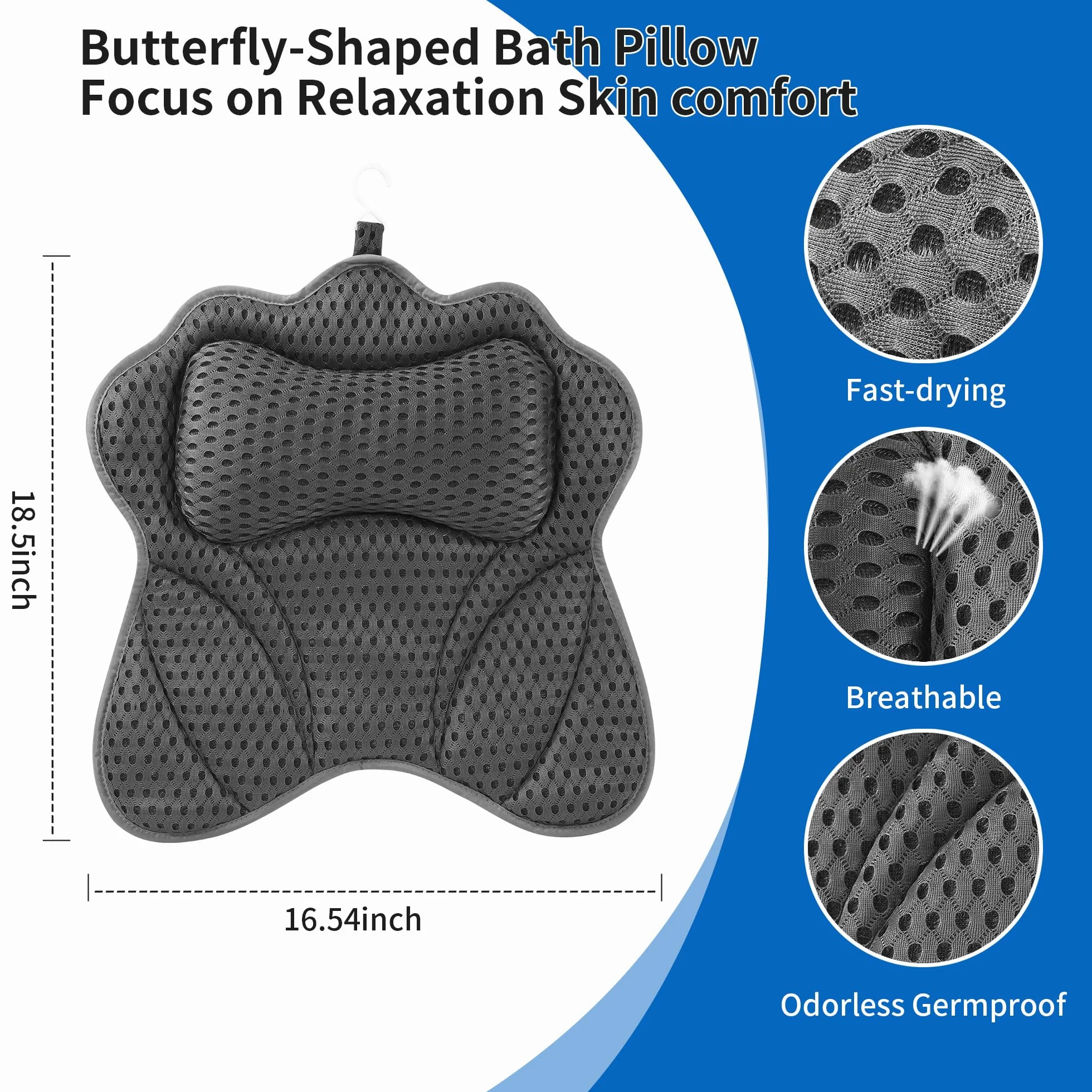 Almohada Bañera，Cojin Bañera，Almohada de Baño de Malla 4D，con 6 Tazas de succión para Relajarse para soportar su Cuello, Hombros, Cabeza y Espalda, para SPA para el hogar (Gris)