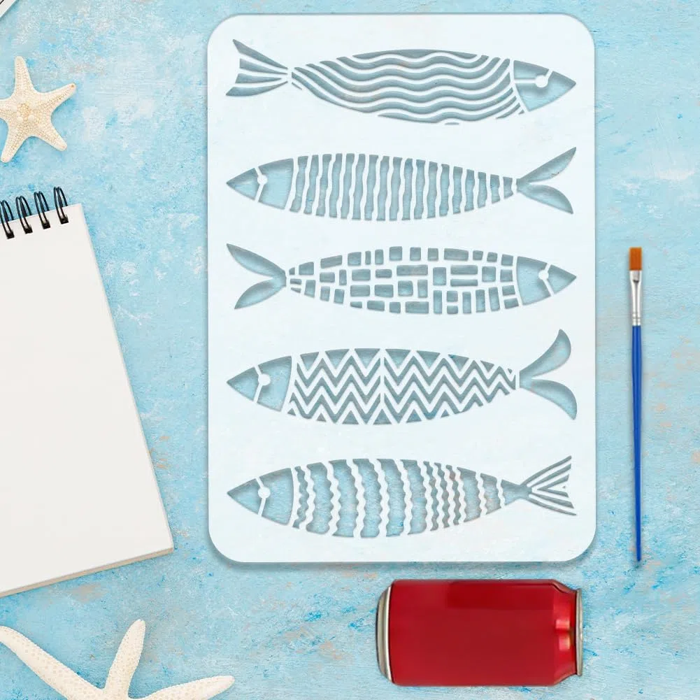 FINGERINSPIRE - 6 plantillas de pez geométrico con un pincel 29,7 x 21 cm, plantillas creativas para pintar peces con temas marinos, plantilla PET para pintar en madera, suelo, azulejos, paredes, tela