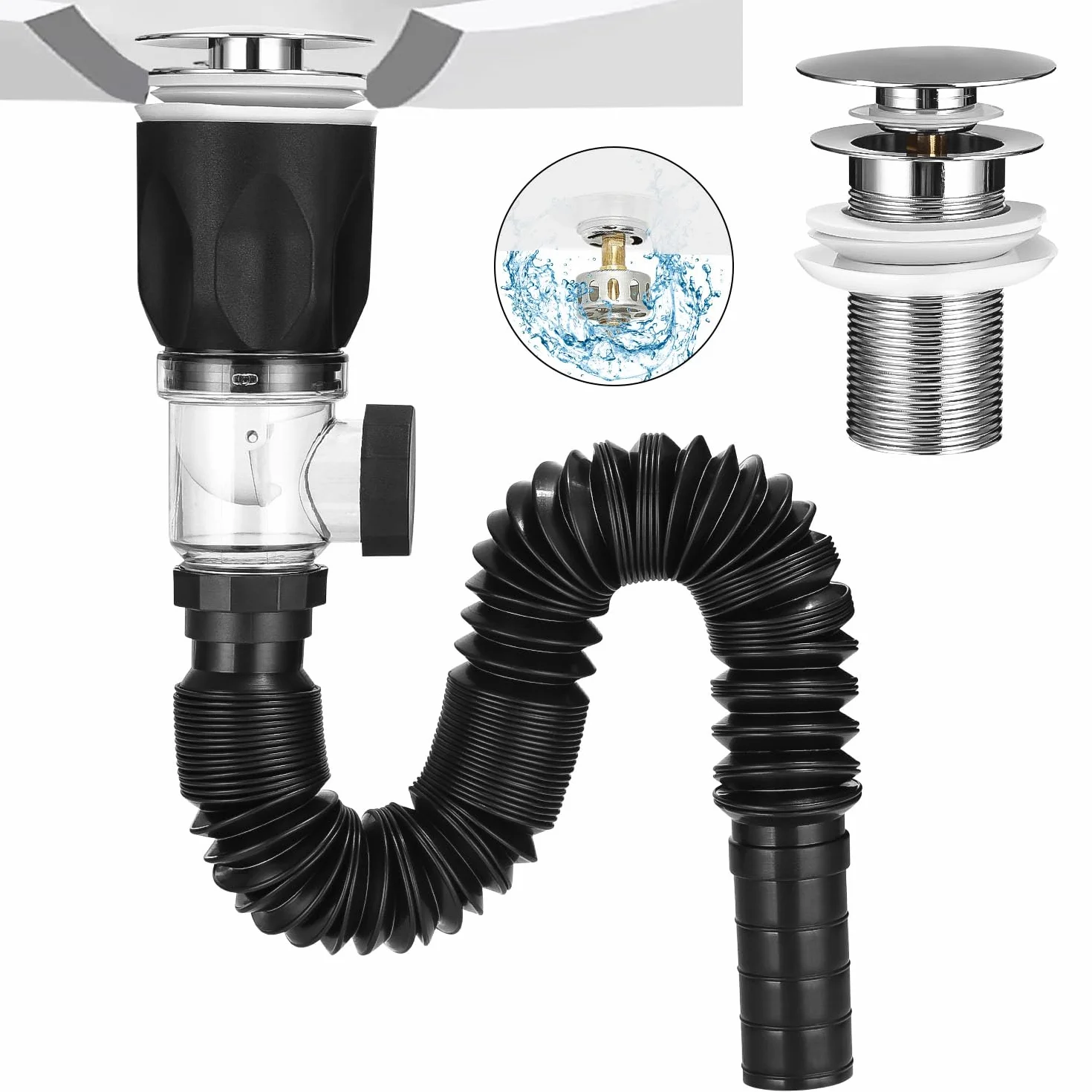 LEAZZLE Kit de Desague Lavabo, Kit de Valvula Desagüe Lavabo con Tubo Desague Flexible y Pop-Up Filtro Sifon Lavabo, Extensible 300-1000mm,para Fregadero de Baño y Cocina,Resistente Olores y Insectos