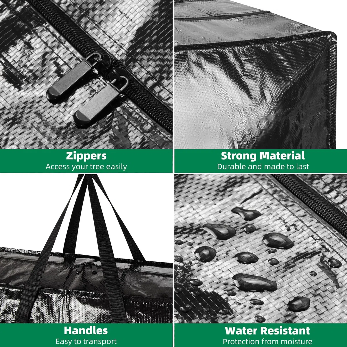 Juego de bolsas de almacenamiento para árbol de Navidad, organizador impermeable de 4 piezas para árboles seccionales, decoraciones, luces y papel de regalo con asas reforzadas y cremallera resistente