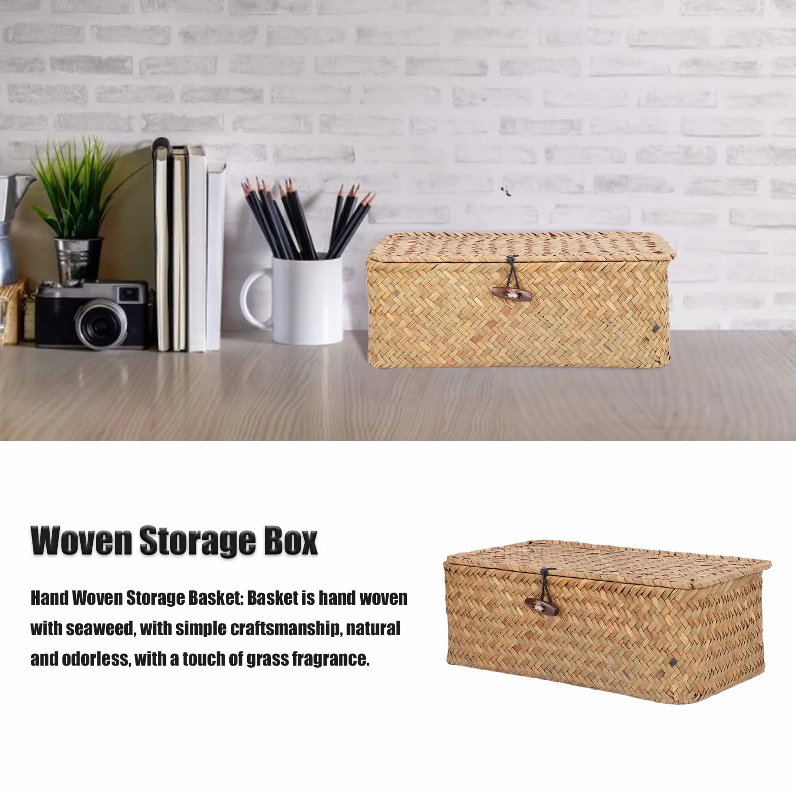 Cesta de Pasto Marino con Tapa, Organizador Tejido, Cestas de Almacenamiento, Cesta de Mimbre, Estante Rectangular, Contenedores, Caja Organizadora de Escritorio, Tamaño M