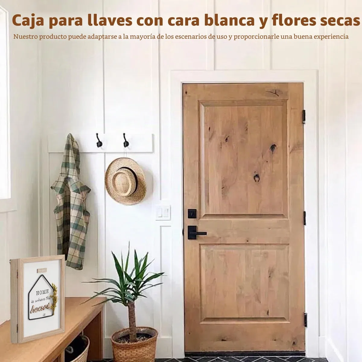 Caja para llaves, caja de llaves de madera, caja de llaves montada en la pared con 6 ganchos, fácil de montar en la pared para entrada, habitación, pasillo, baño, natural, 20 x 6 x 27 cm