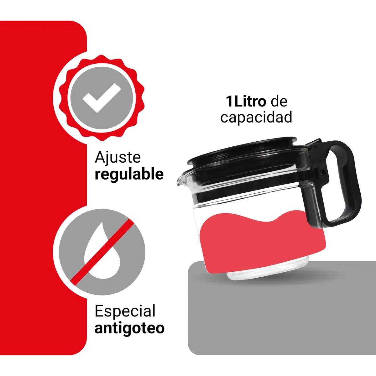 Sanfor - Jarra Cafetera Universal Grande| Jarra de Cafetera Americana o de Goteo Eléctrica | Recipiente Base 85mm, capacidad 1 Litro | Tapa Antigoteo Altura Regulable 1,30-14,5 cm | Taza de Vidrio