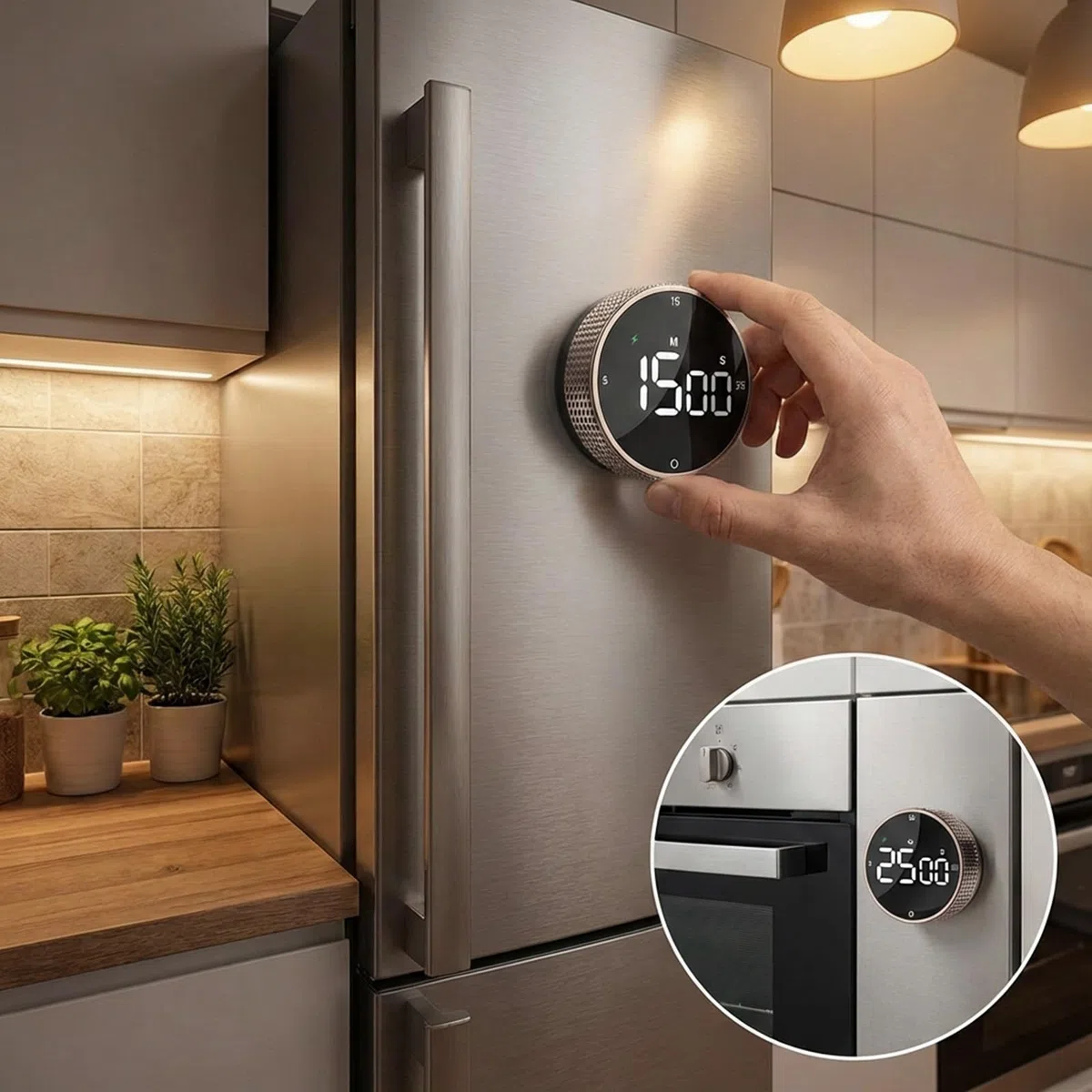 Temporizador de cocina digital magnético recargable con pantalla LED grande, alarma fuerte, 3 ajustes preestablecidos (5/15/25 min), 3 niveles de volumen, ideal para cocina, fitness y oficina (Marrón)