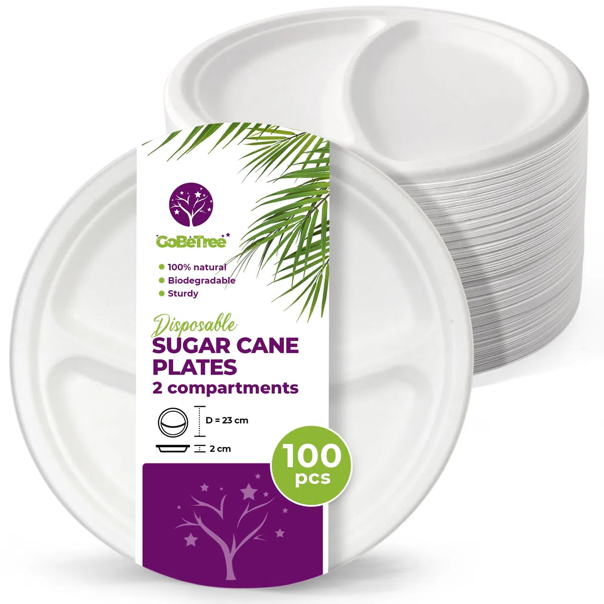 GoBeTree 100 Platos desechables de 23 cm con 2 compartimentos. Platos de caña de azúcar, Vajilla desechable extrafuertes de Color Blanco. Platos Redondos.