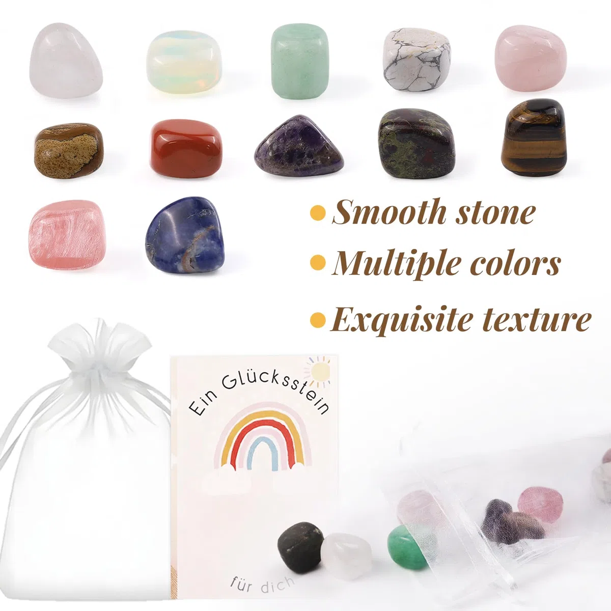 12 x Piedras de duende, piedras preciosas coloridas para niños, con tarjeta de felicitación y bolsa de organza, calendario de adviento de piedras preciosas, piedras de la suerte para niños y adultos