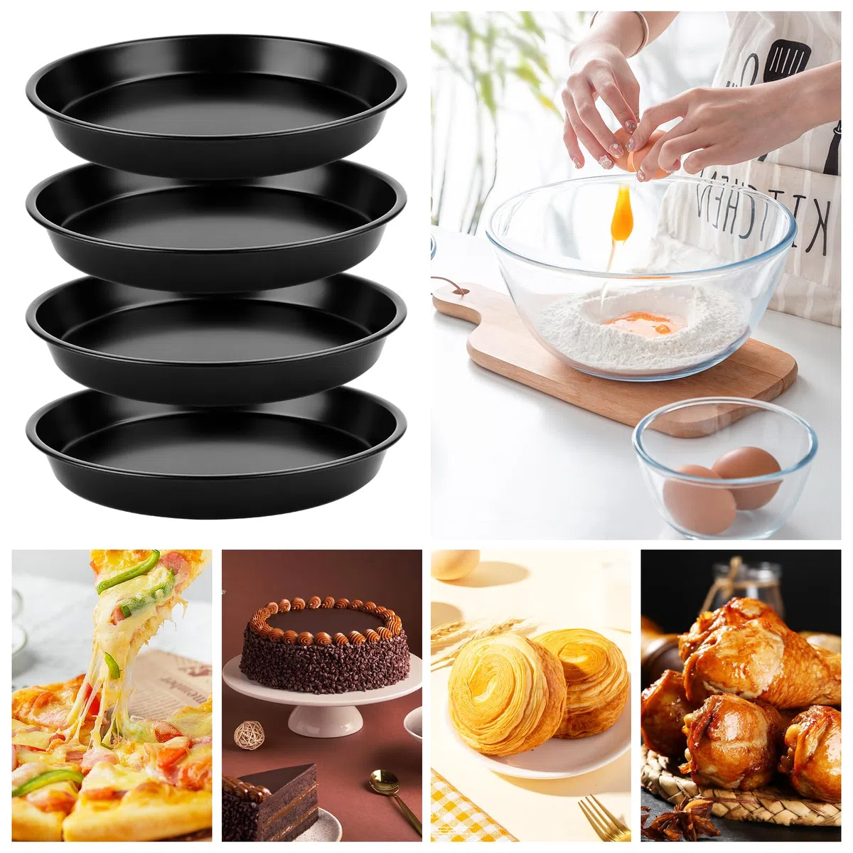 4 bandejas para pizza, platos redondos de 20 cm, molde para quiche, acero inoxidable, antiadherente, juego para pasteles