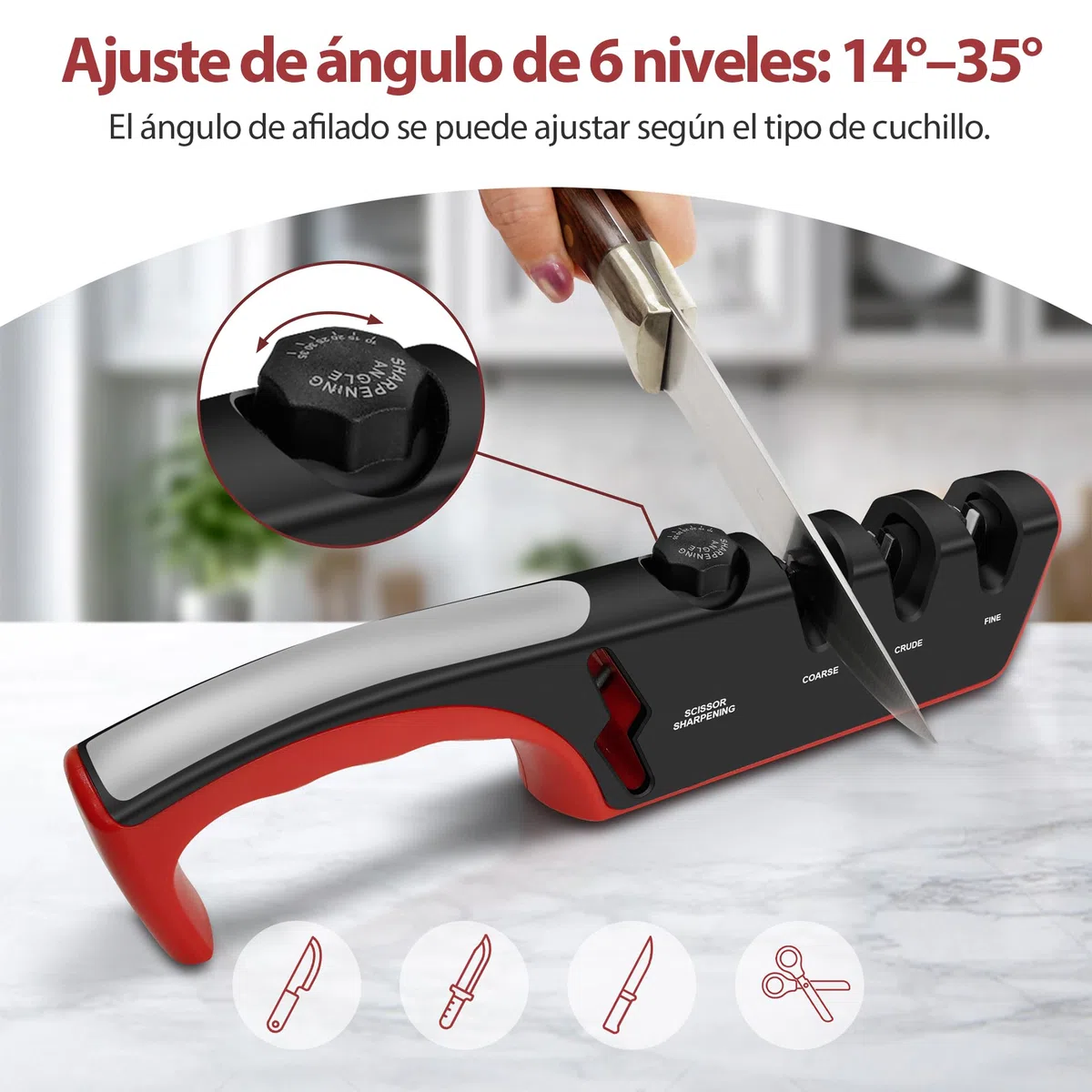 Afilador de Cuchillos 4 en 1, Afilador Arcos Cuchillos Chaira Afilar Cuchillos Multifuncional Manual Base Antideslizante Afilar Cuchillos y Tijeras Cocina y Exteriores