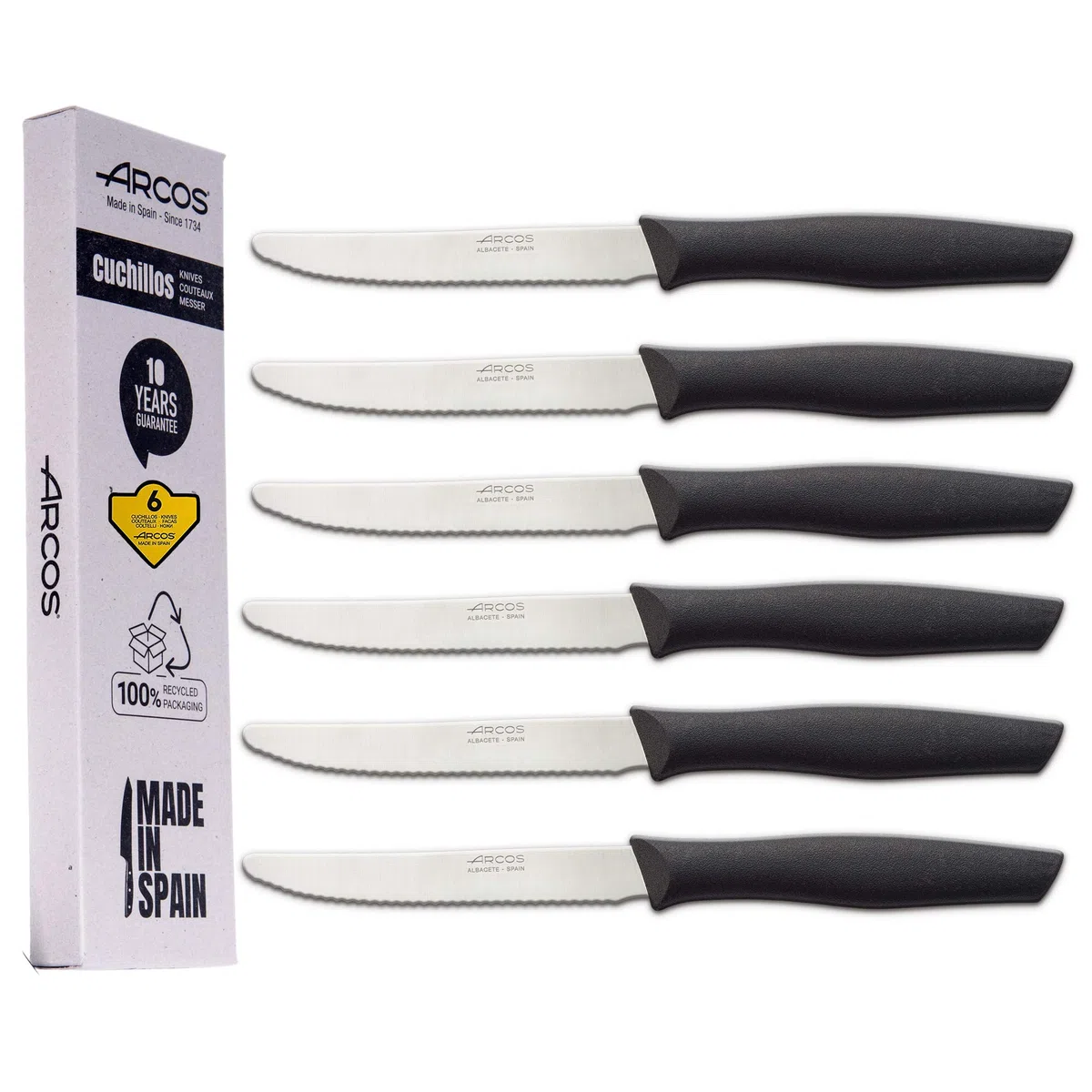 Arcos Juego Cuchillos Carne | Cuchillo chuleteros | Cuchillos Carne Cuchillos Mesa | 6 Uds | Hoja 110 mm | Acero Inoxidable | Mango Nylon | Apto lavavajillas | Envase Ecológico (Filo Serrado)