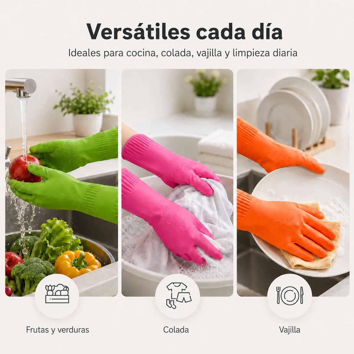 3 pares de guantes de goma para lavar platos de cocina, guantes antideslizantes para lavar platos, reutilizables e impermeables para el hogar