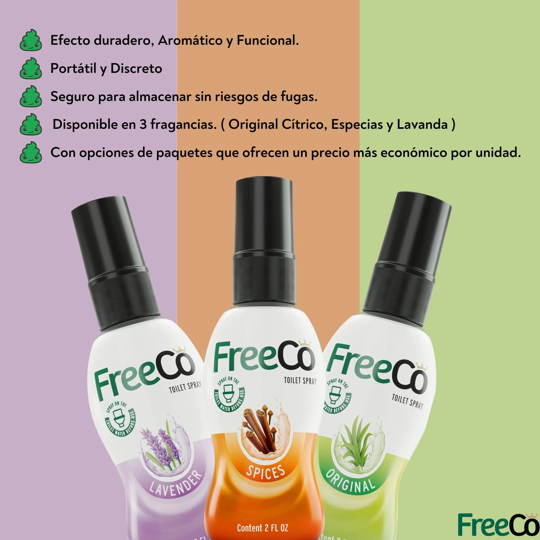 Freeco Spray WC Bloqueador Olores (before you go) | ANTES de que Empiece c/Aceites Esenciales Naturales | Pack Surtido 3x60ml: Original Citrus, Especias y Lavanda | Hogar, Oficina, Negocios y Viajes