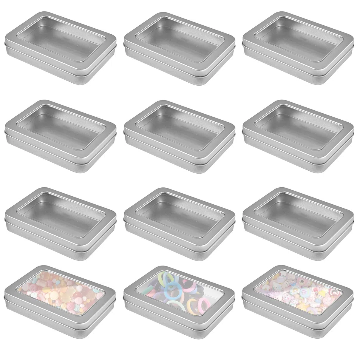 12 Cajas de Almacenamiento Rectangulares de Metal, Pequeñas Latas Con Tapa de Ventana Transparente, Mini Caja Plateada, Latas Vacías Para el Hogar, 115 x 85 x 22 mm (Plata)