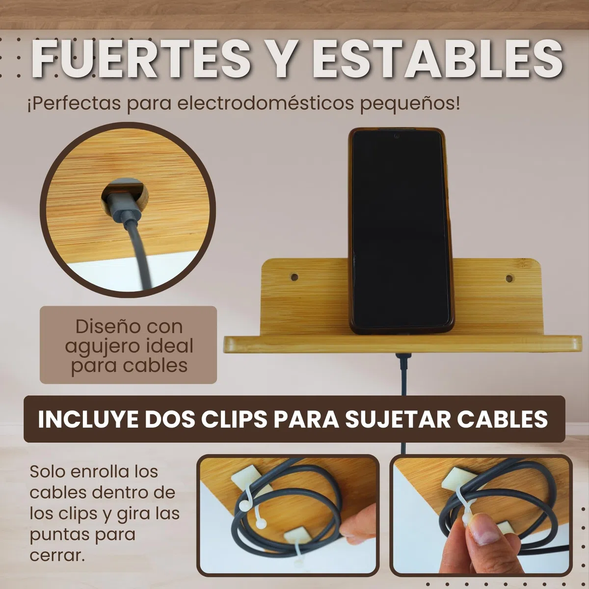 ️ 2 Baldas de Pared Sin Agujeros de Madera Bambu Pequeñas + 2 Adhesivos + 4 Tornillos con Tacos + 4 Clips Recoge Cables | Repisas de Pared sin Taladro | Estanteria Sin Agujeros (22 x 9,5 cm)