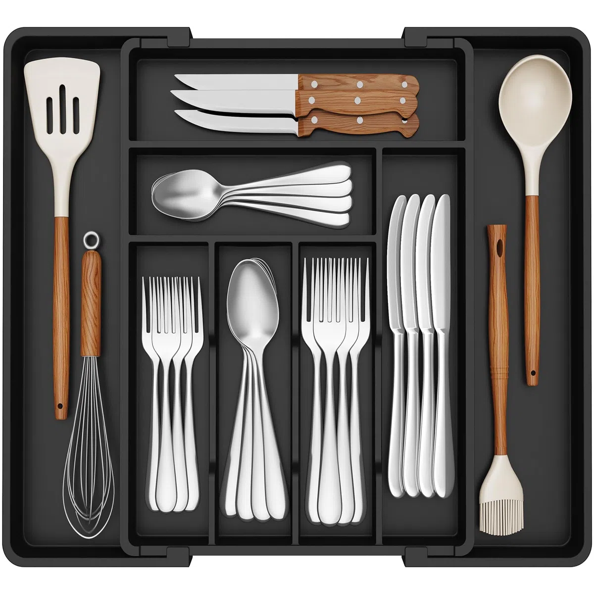 Lifewit Organizador Cubiertos para Cajon, Bandeja Ajustable de 33 a 57 cm para Cucharas, Soporte porta Utensilios para Cocina, Plastico Almacenaje Escritorio, Despensa, Negro