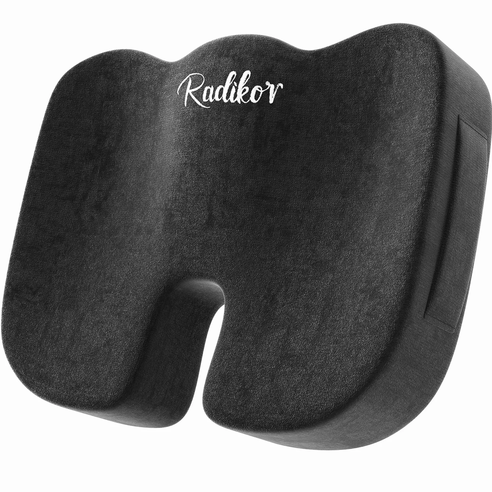 Radikor Cojin Coxis, Cojin Silla Oficina, Cojin Ortopedico Ergonómico, Fabricado en Espuma con Memoria, con Base Antideslizante, Alivia el Coxis, Negro
