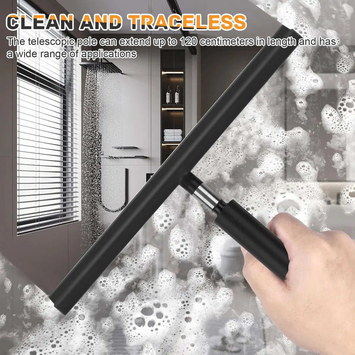 Rasqueta Limpiacristales Extensible 30-140cm, Squeegee Limpiador de Cristales con Gancho y Paño de Microfibra, Accesorio de Baño, Limpiacristales para Ducha, Mamparas, Ventanas, Espejos y Auto