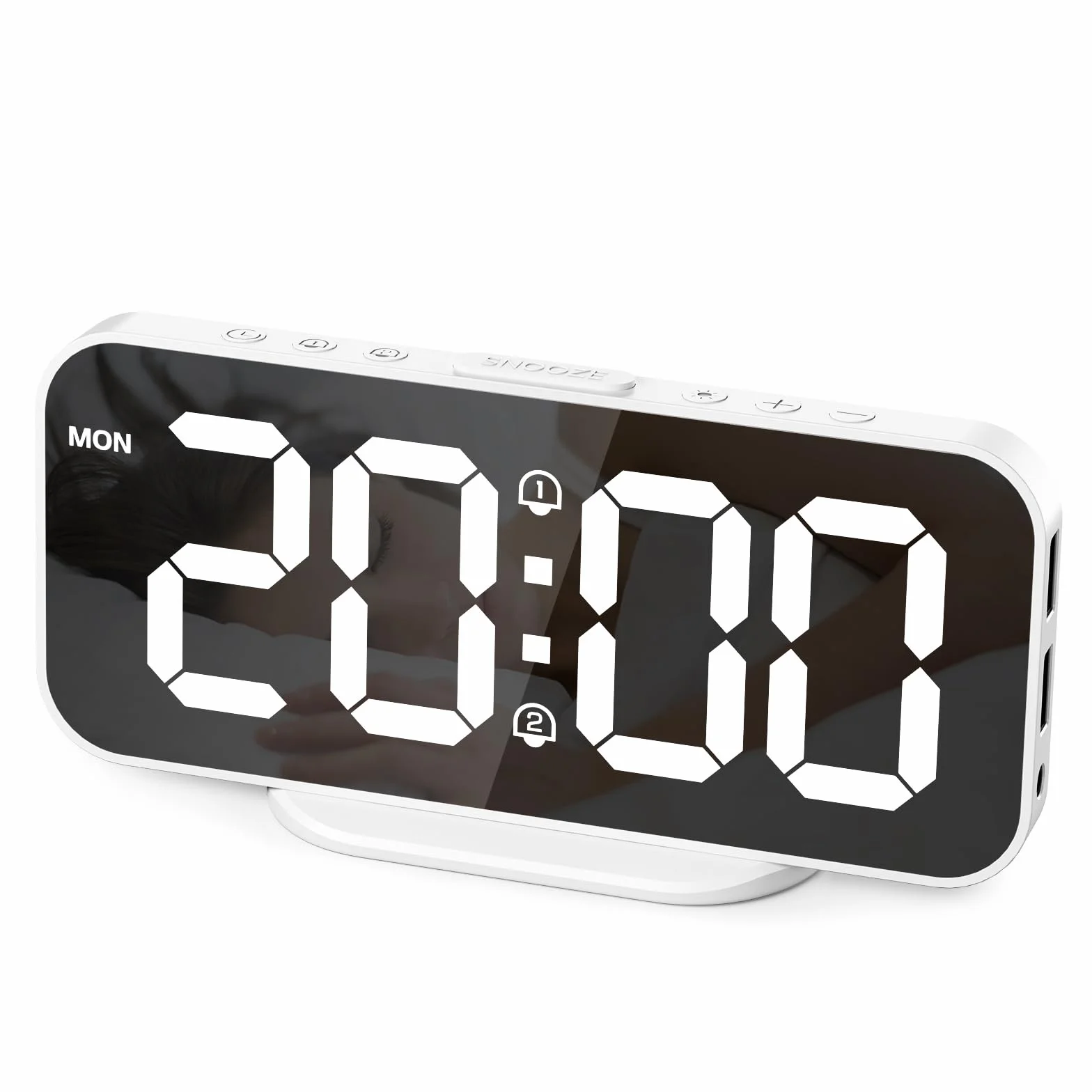 Despertador Digital Pantalla LED Espejo Clara Grande Alimentación por Cable USB Eléctrico, Reloj Despertador Digital Brillo Regulable con Snooze, 2 Puertos de Carga USB, Incluye Adaptador