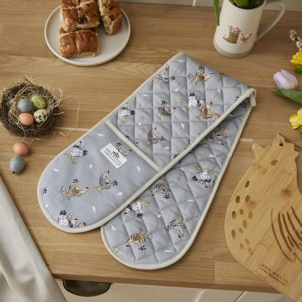 Cooksmart Hen House Lane - Guante Doble para Horno | Guantes de Cocina de diseño británico | 100% algodón con Acolchado Resistente al Calor | Guantes de Cocina Elegantes y Protectores | Lavable a