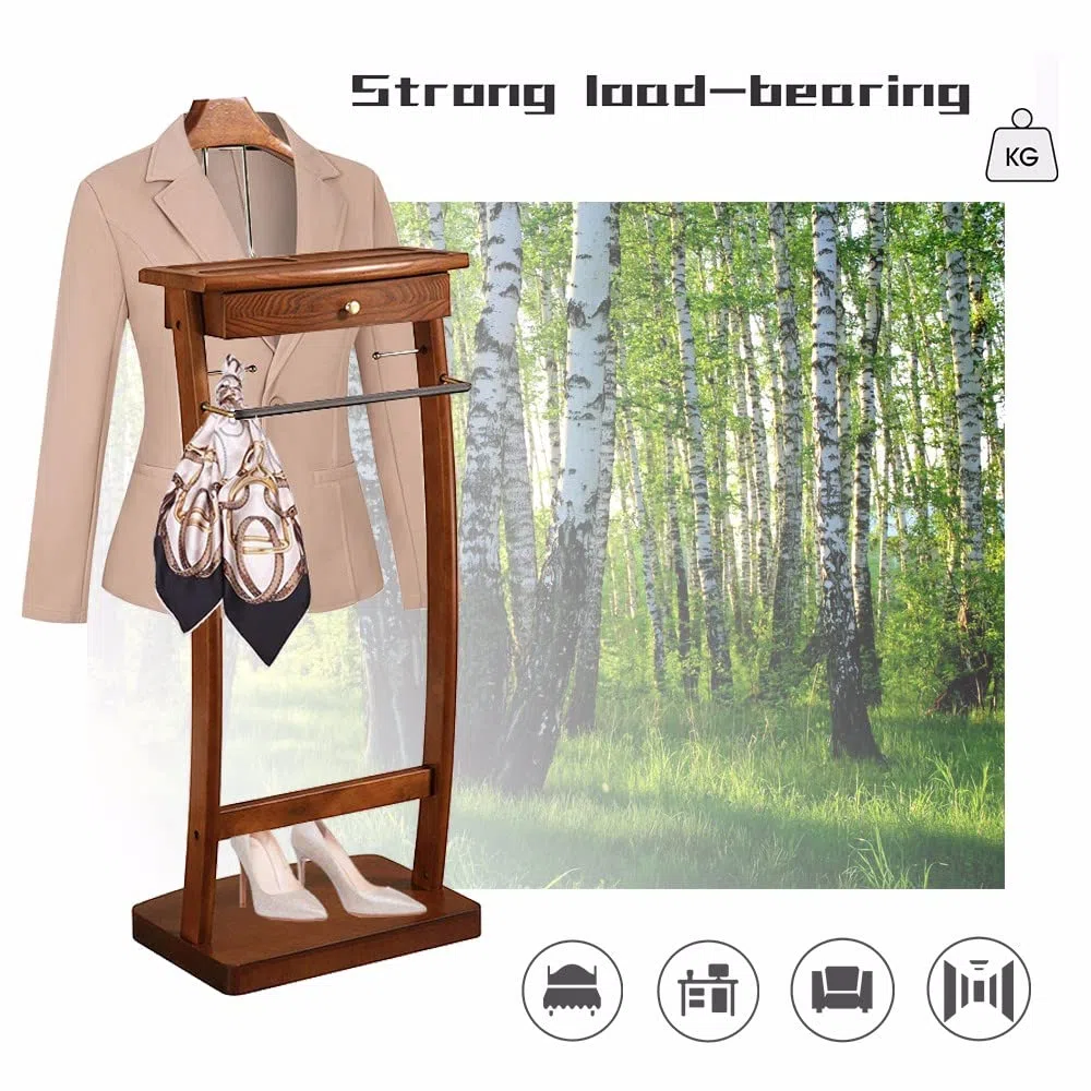 RajoNN Perchero de pie para Ropa, con cajón, para Trajes, de Madera Maciza, Organizador fácil de Montar para Oficina, Sala de Estar, Dormitorio